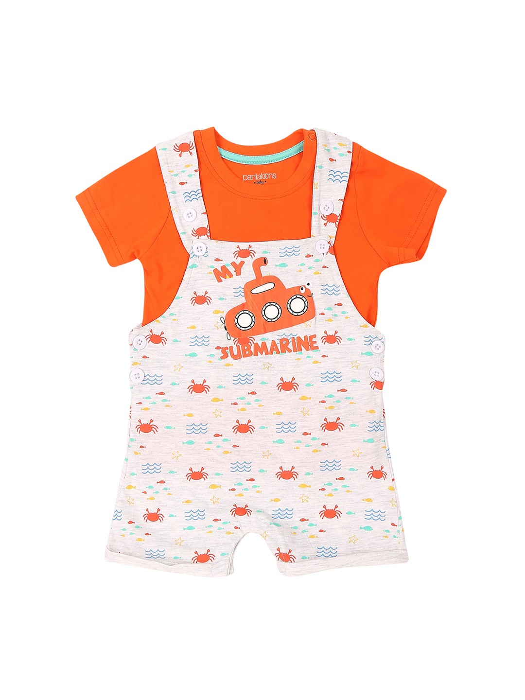 

Pantaloons Baby Boys Orange & Grey Solid T-shirt with Dungrees