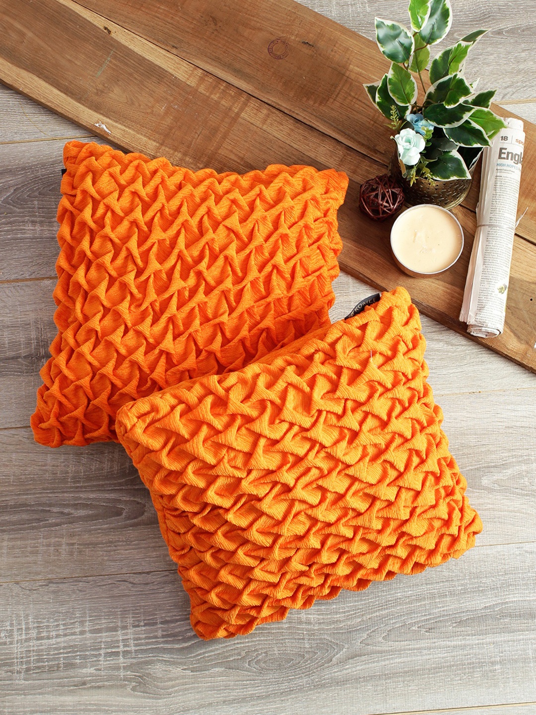 

ROMEE Orange Set of 2 Self Design Square Cushion Covers