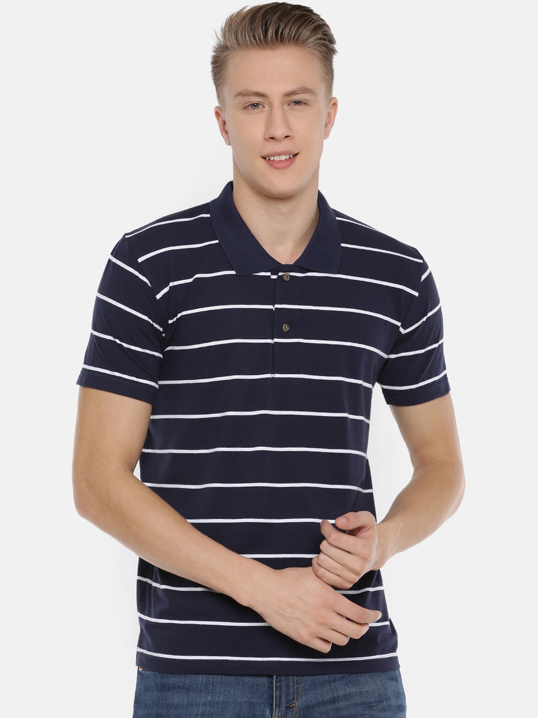 

Kryptic Men Navy Blue Striped Polo Collar Pure Cotton T-shirt