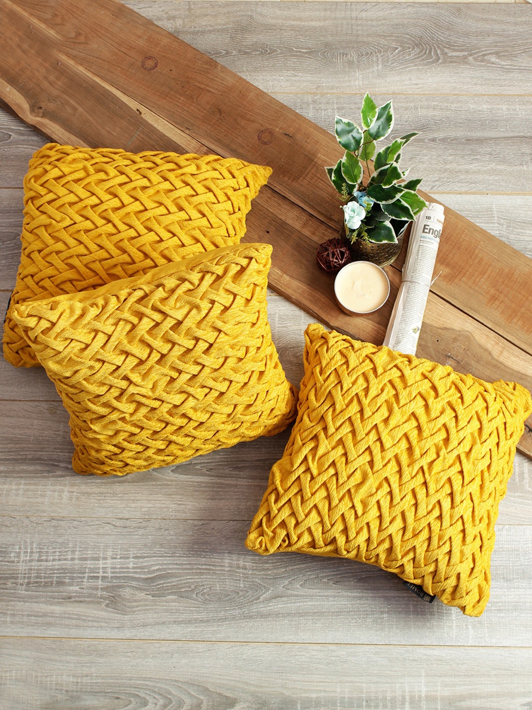 

ROMEE Yellow Set of 3 Self Design Square Cushion Covers