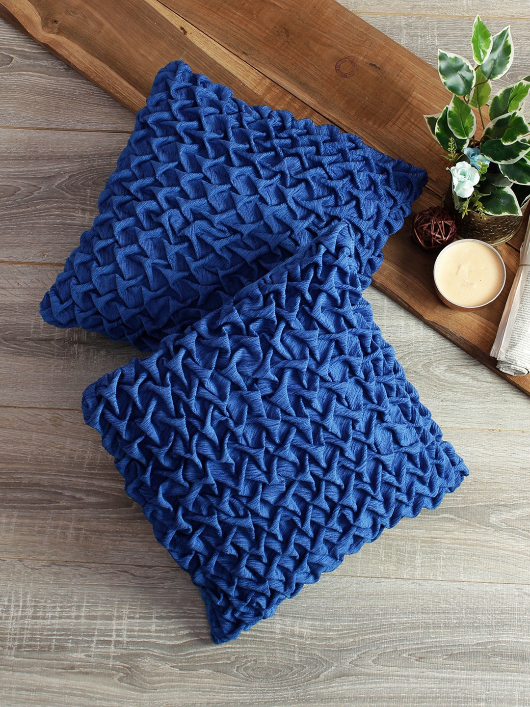 

ROMEE Blue Set of 2 Self Design Square Cushion Covers