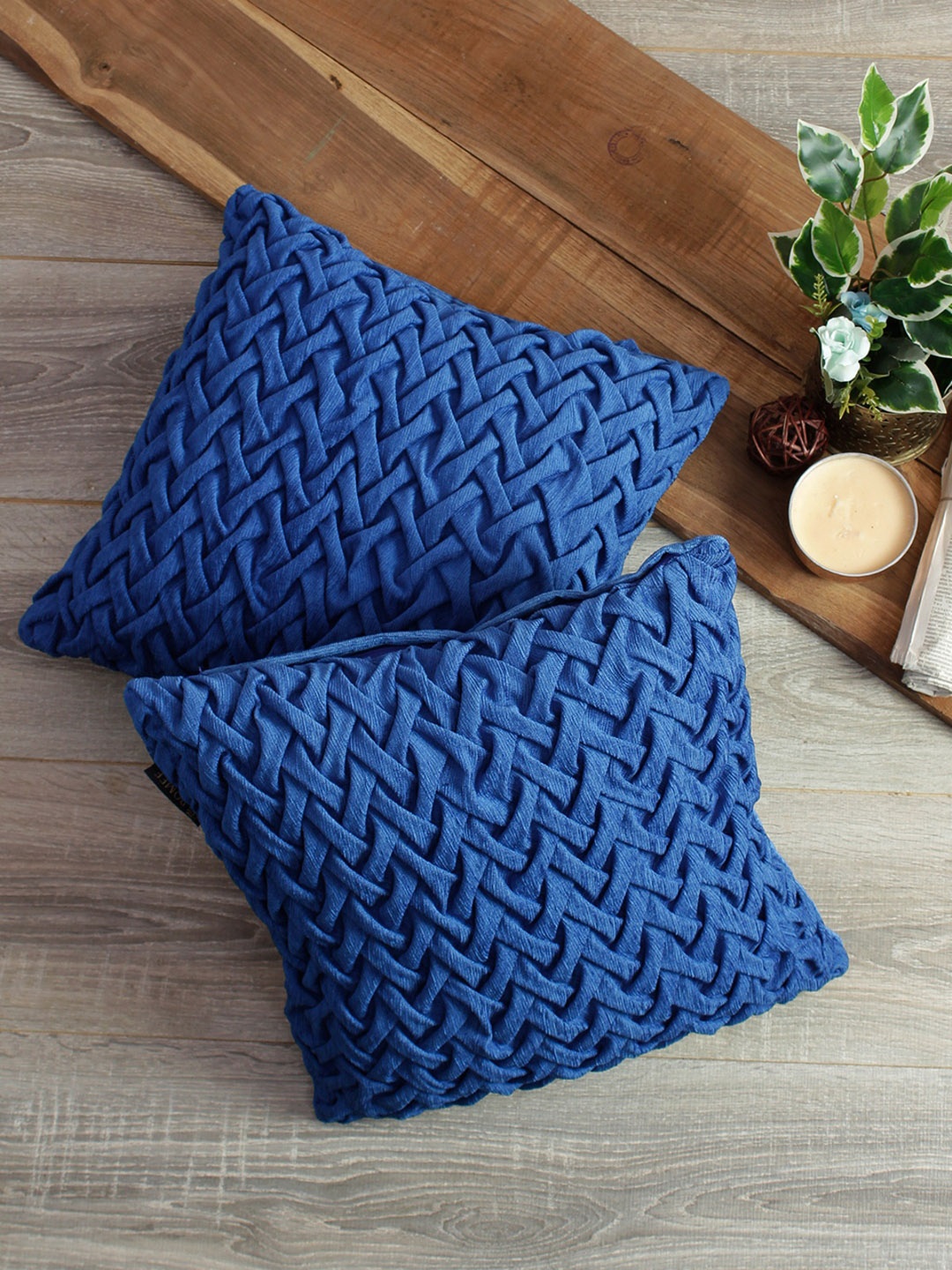

ROMEE Blue Set of 2 Self Design Square Cushion Covers
