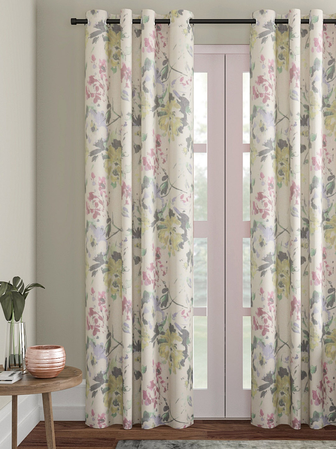 

Soumya Off-White & Yellow Floral Print Single Door Curtain