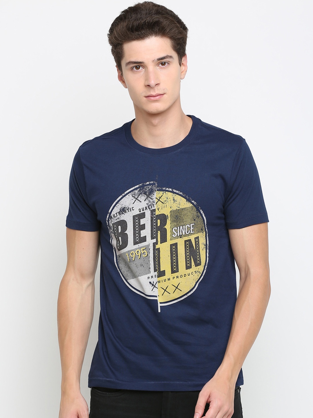

Newport Men Navy Blue Printed Round Neck Pure Cotton T-shirt