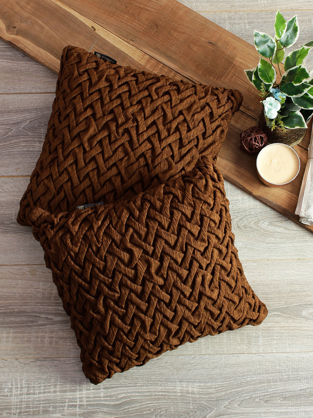 

ROMEE Brown Set of 2 Self Design Square Cushion Covers