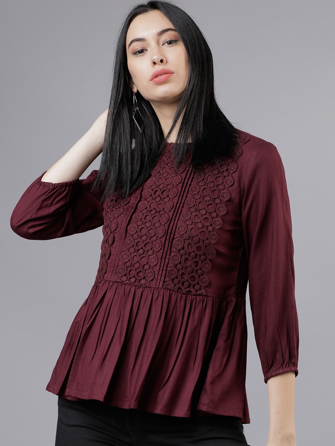 

Tokyo Talkies Burgundy Lace Inserts Peplum Top