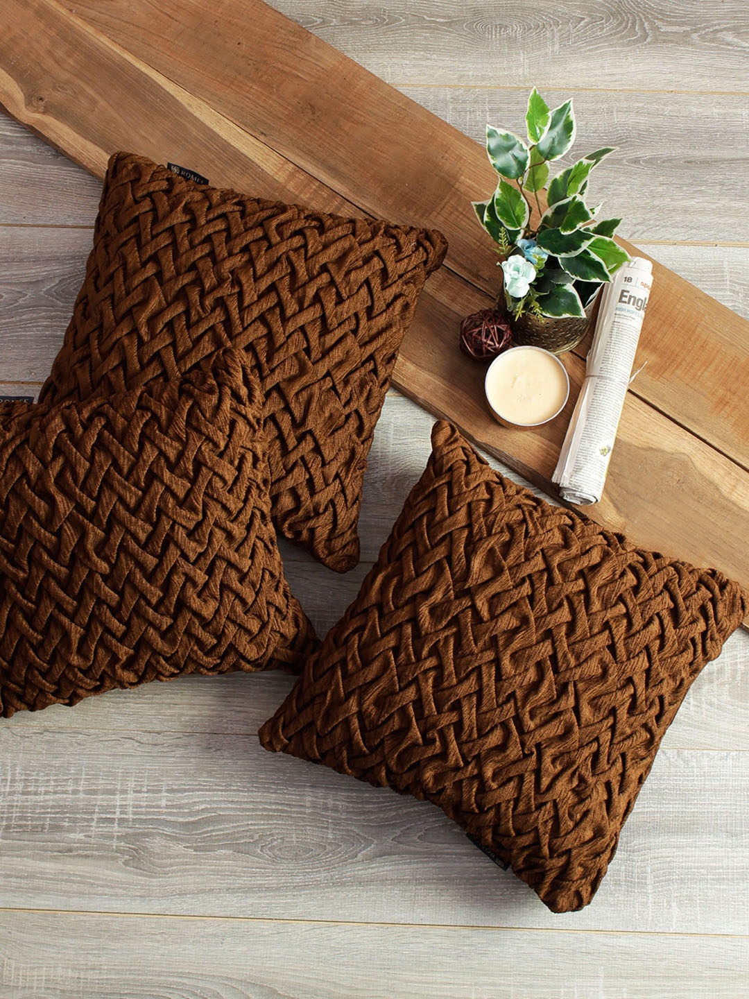 

ROMEE Brown Set of 3 Self Design Square Cushion Covers
