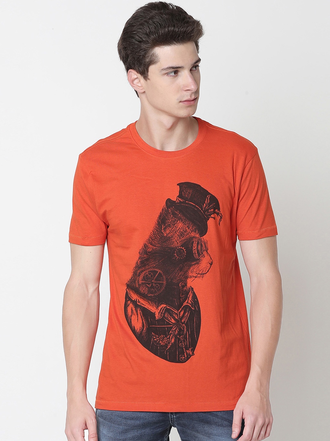 

Newport Men Orange Printed Round Neck Pure Cotton T-shirt