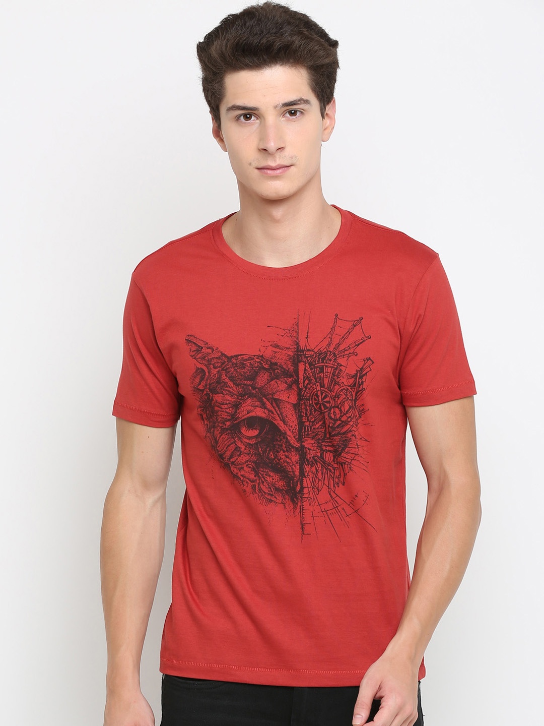 Newport Men Red Printed Round Neck Pure Cotton T-shirt