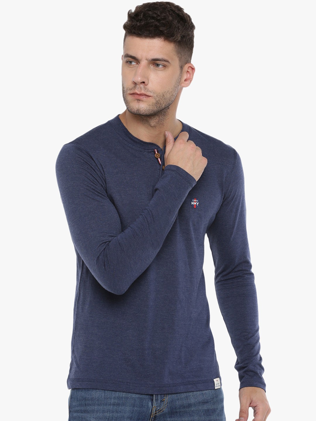 

Force NXT Men Navy Blue Solid Mandarin Collar T-shirt