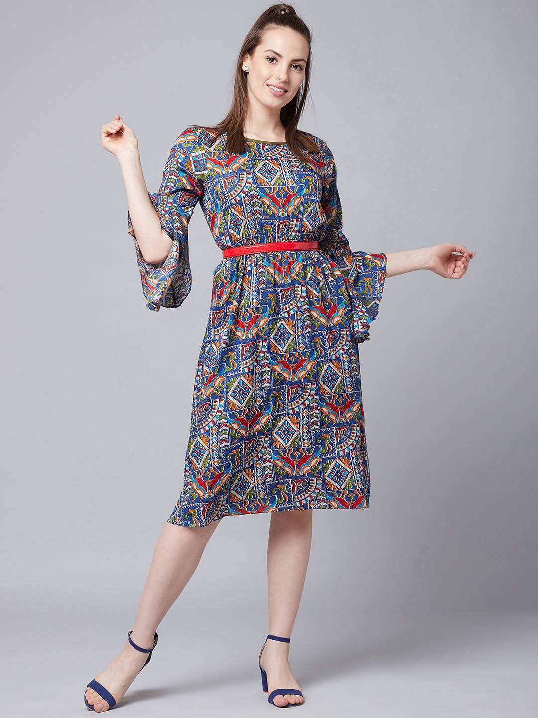 

Athena Women Burgundy & Blue Fit and Flare Dress