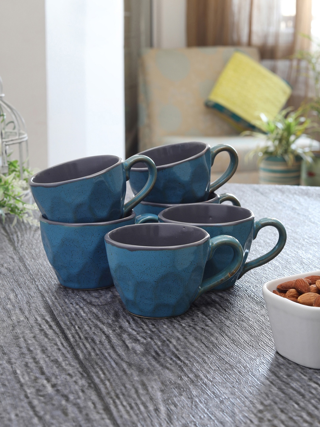 MIAH Decor Studio Pottery Set of 6 Green & Grey Ceramic Glazed Coffee Mugs Tea Cups