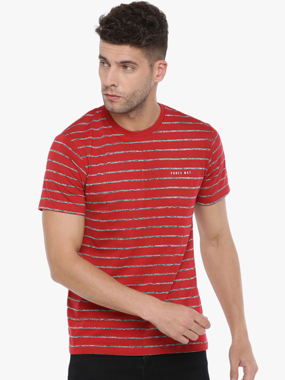 

Force NXT Men Red & Grey Striped Round Neck T-shirt