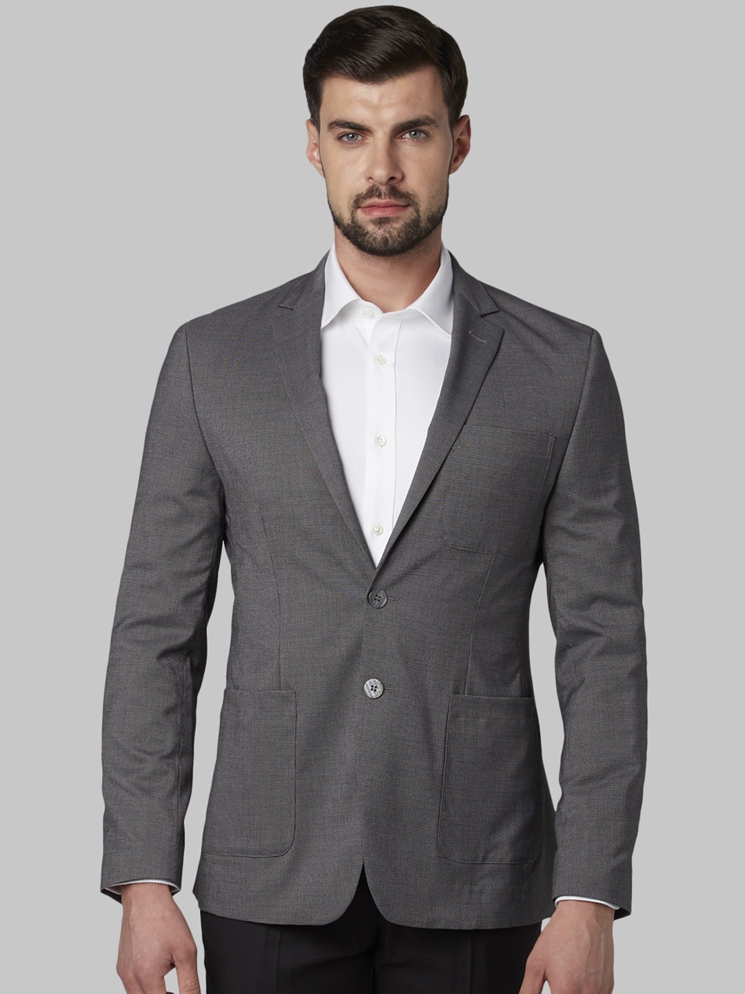 

Park Avenue Men Grey Self Design Super Slim-Fit Single-Breasted Blazer