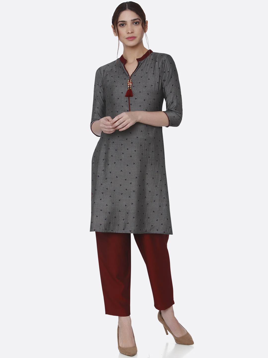 shiloh Women Grey & Maroon Printed Kurta with Trousers