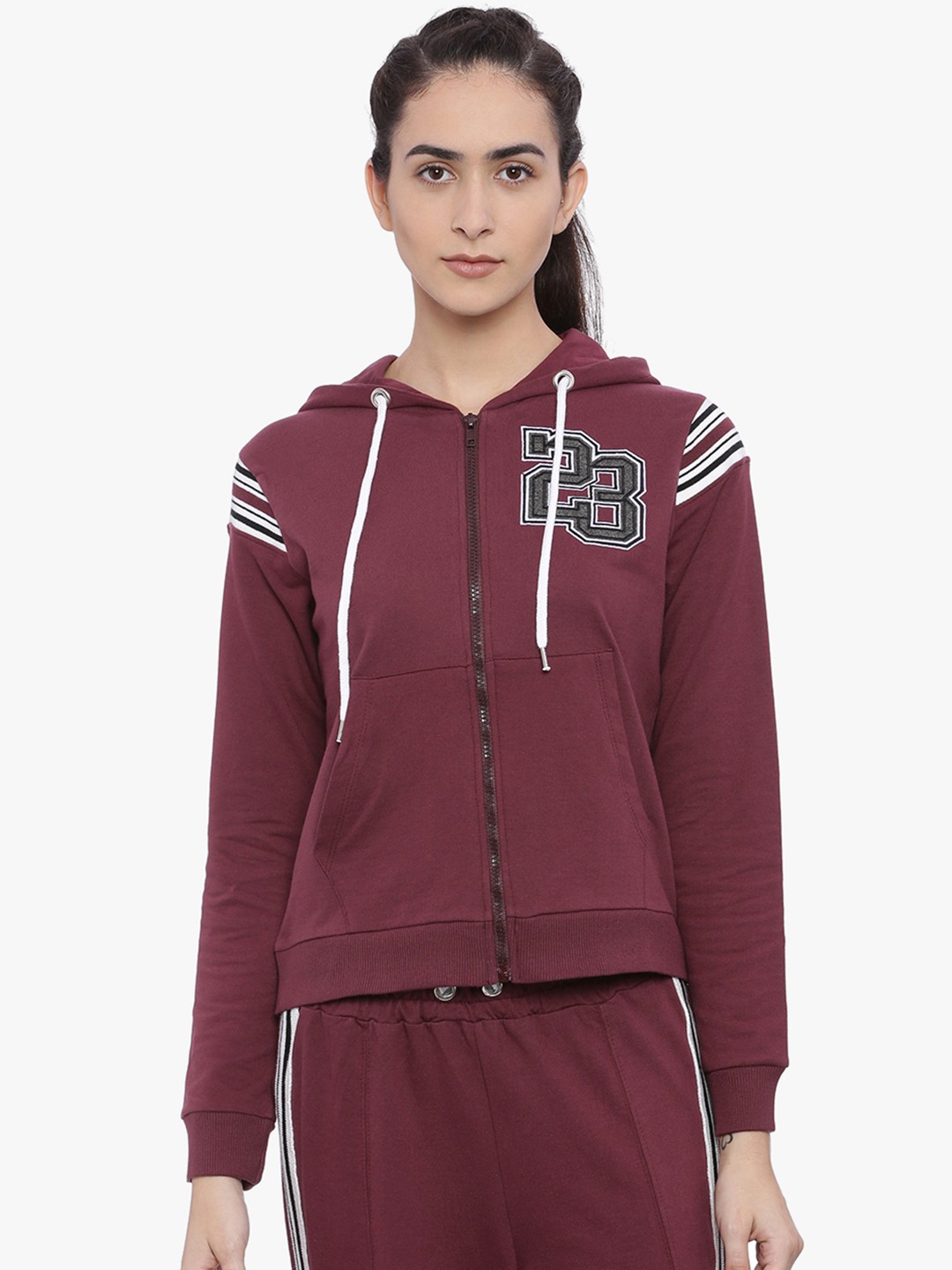 

Slumber Jill Women Burgundy Printed Hooded Sweatshirt
