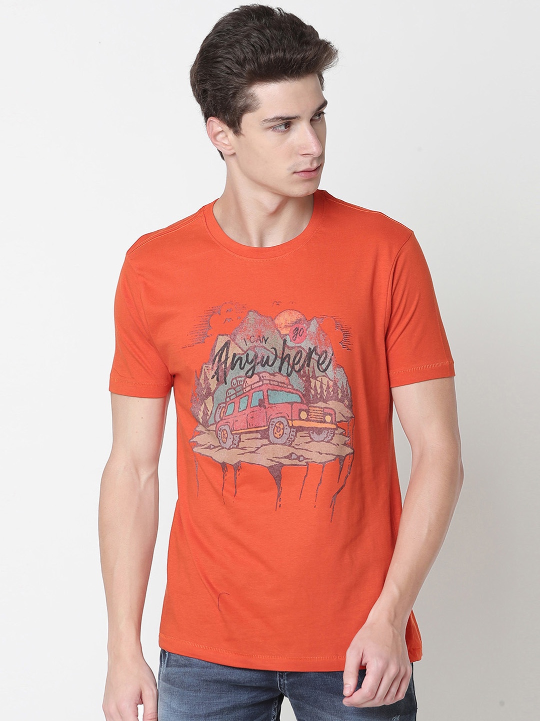 

Newport Men Orange Printed Round Neck Pure Cotton T-shirt