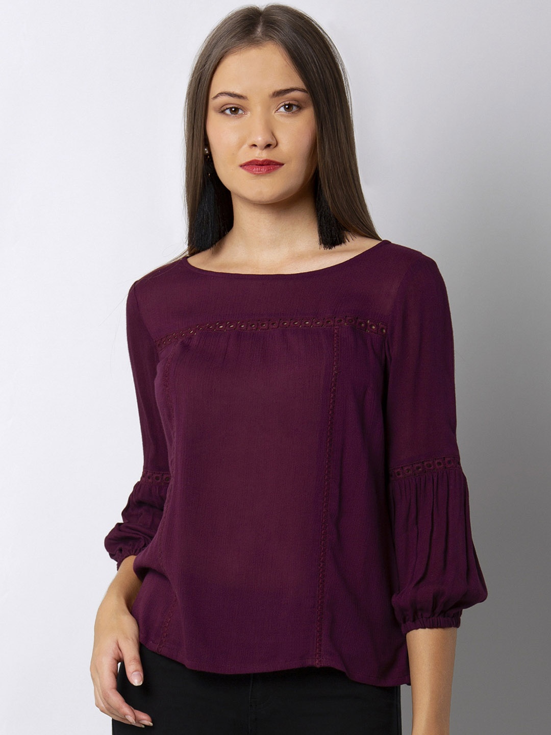 

FabAlley Women Burgundy Solid Pure Cotton Top