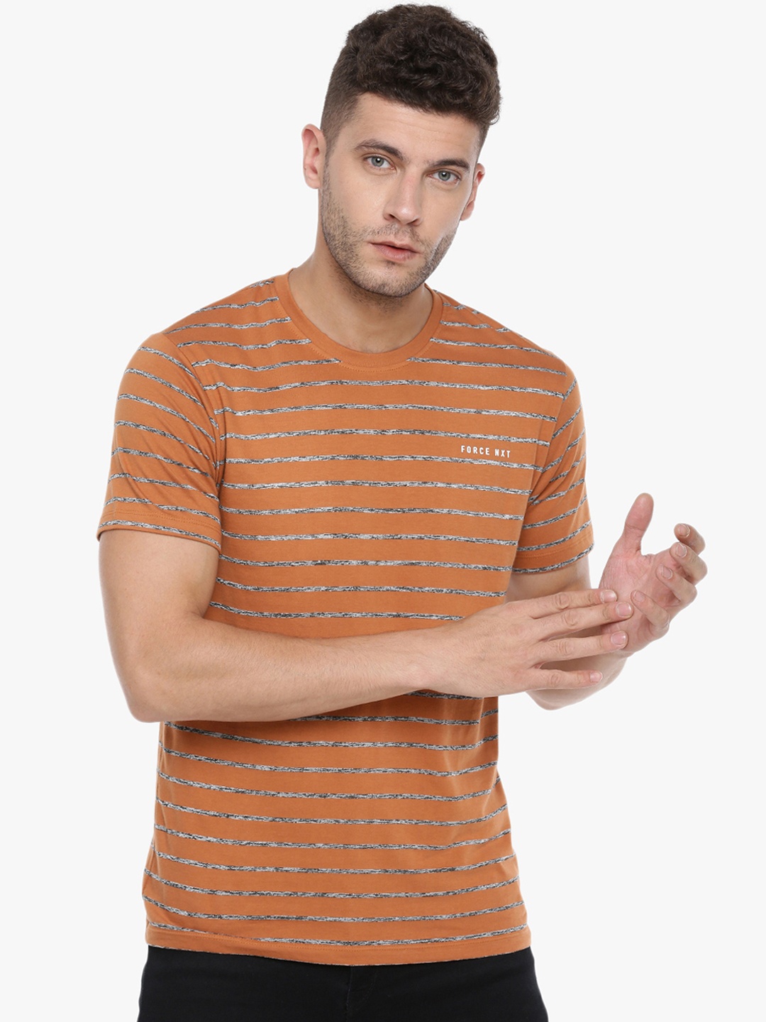 Force NXT Men Brown Striped Round Neck T-shirt