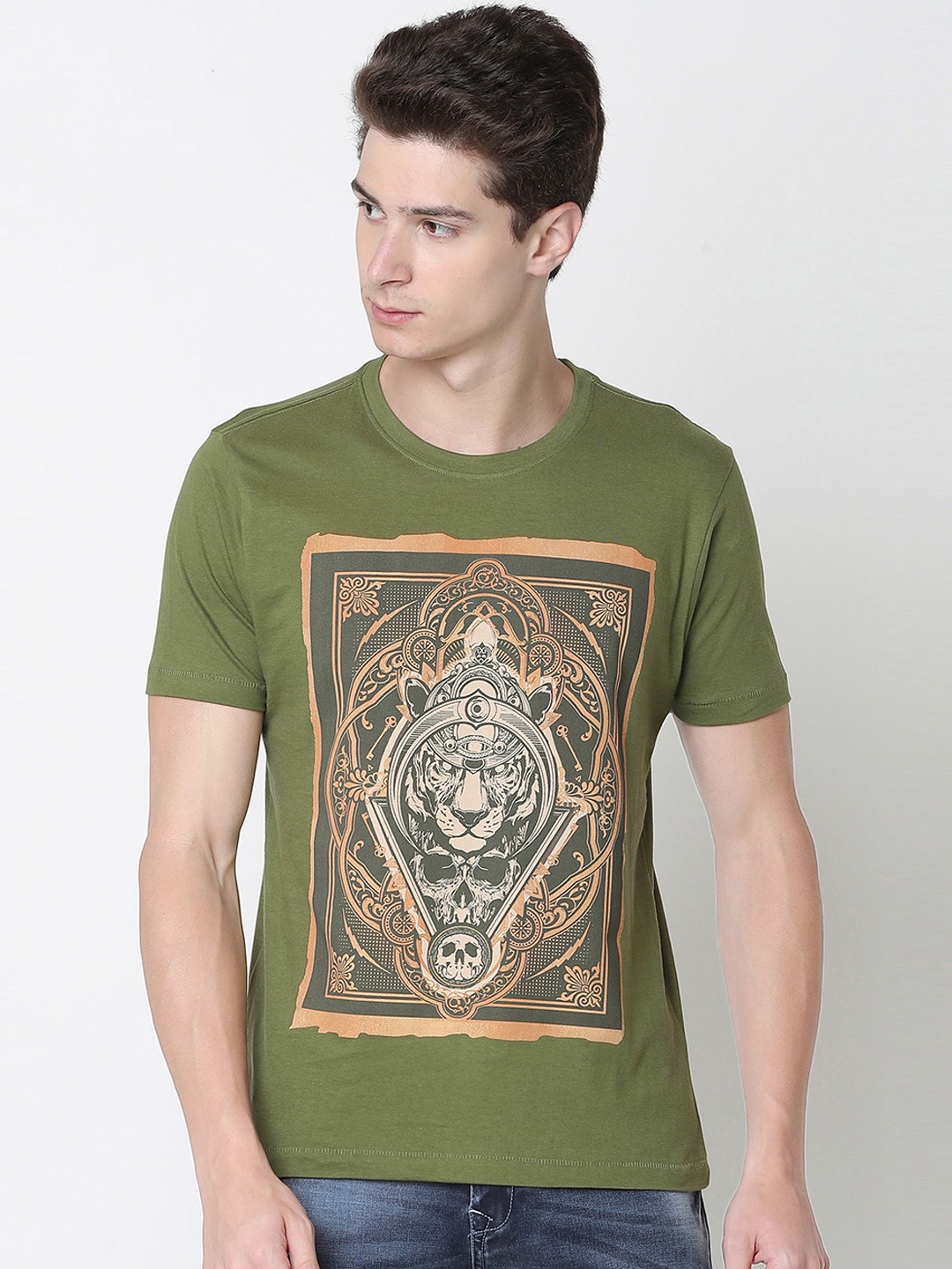 

Newport Men Green Printed Round Neck Pure Cotton T-shirt