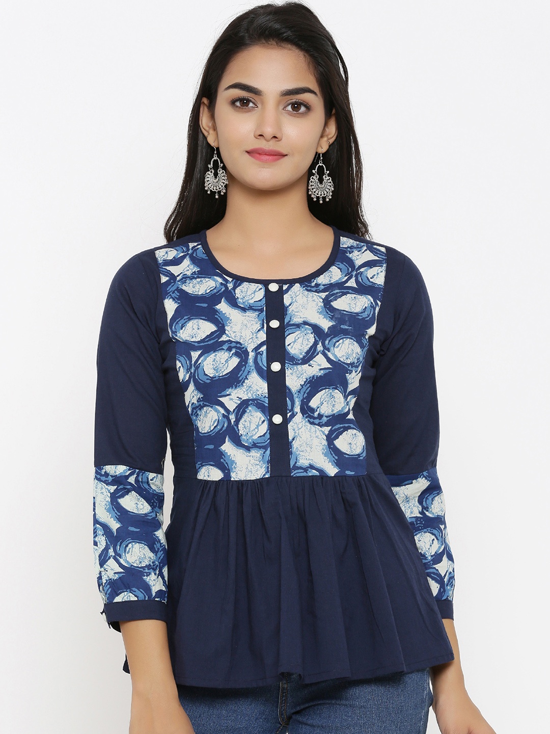 

YASH GALLERY Women Navy Blue Printed Pure Cotton Top