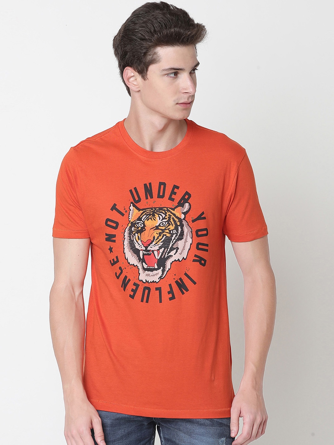 

Newport Men Orange Printed Round Neck Pure Cotton T-shirt