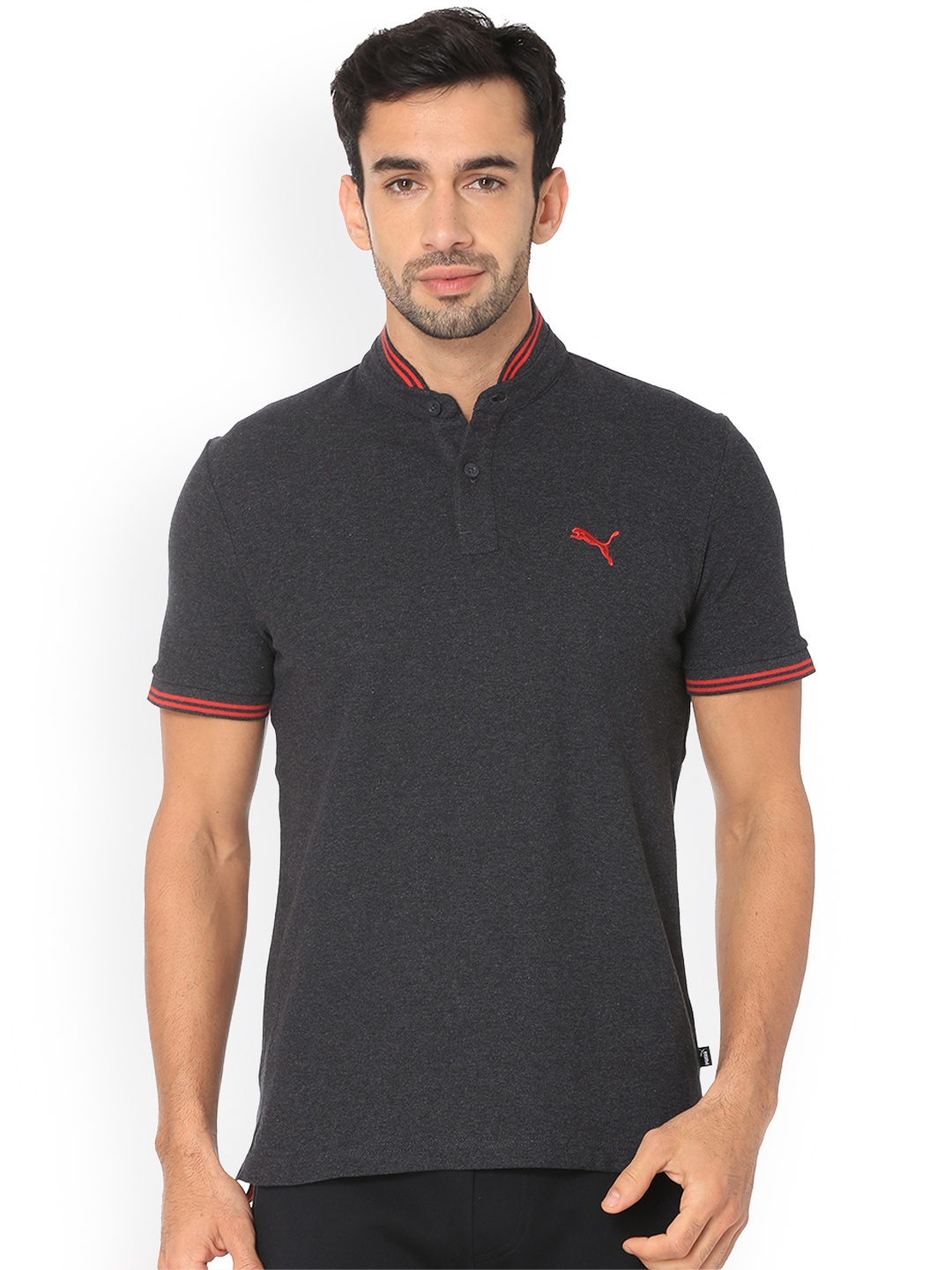 

Puma Men Grey Solid Mandarin Collar Pure Cotton T-shirt
