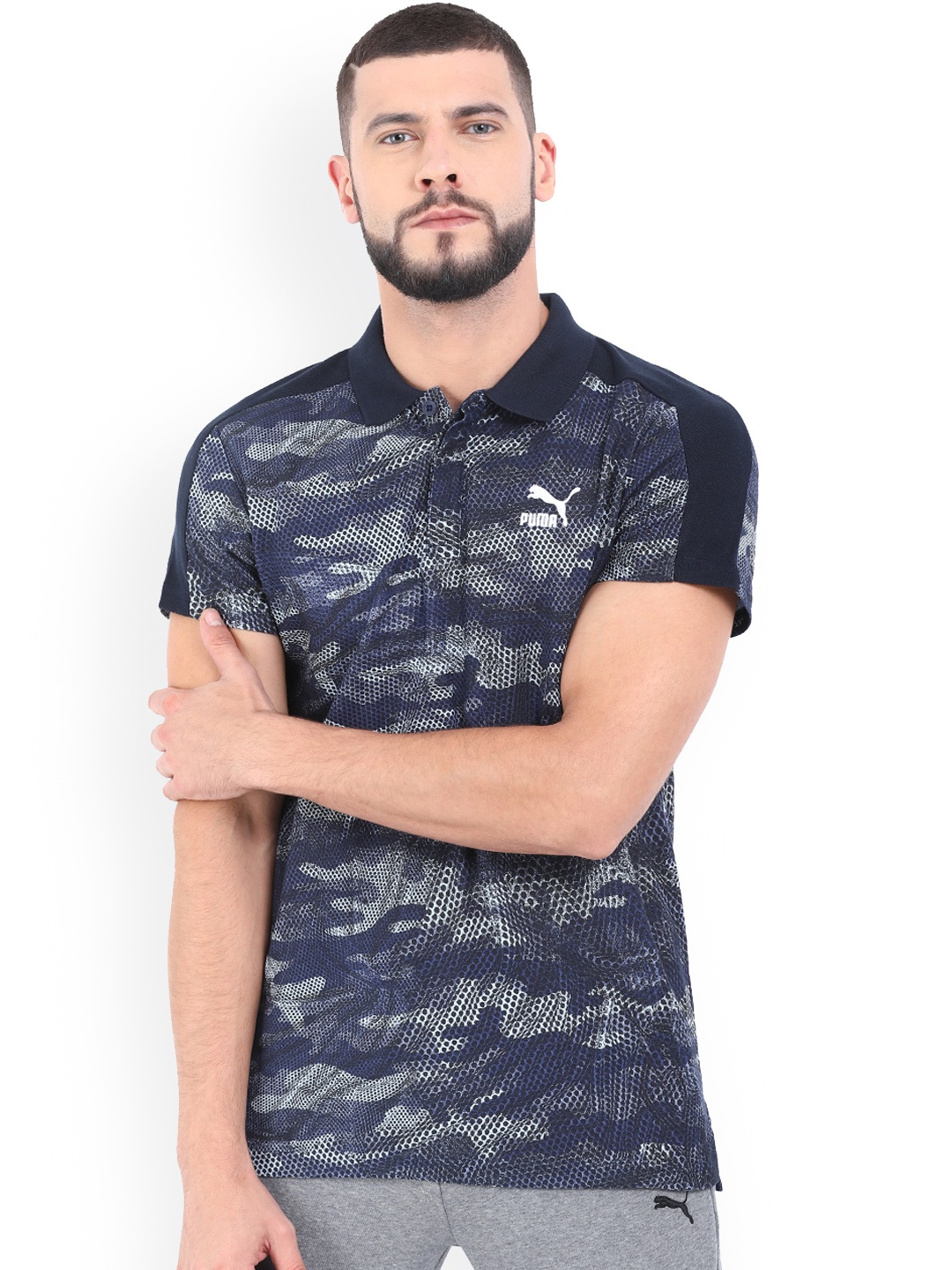 

Puma Men Navy Blue Printed Polo Collar T-shirt