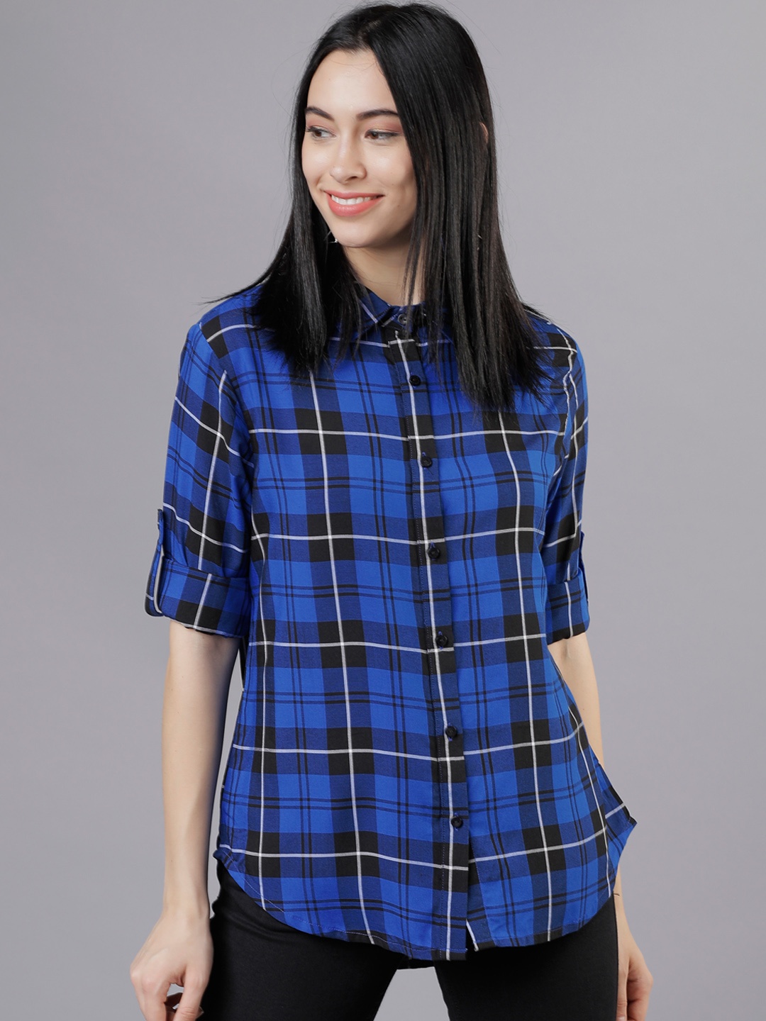 

Tokyo Talkies Women Blue & Black Regular Fit Checked Casual Shirt