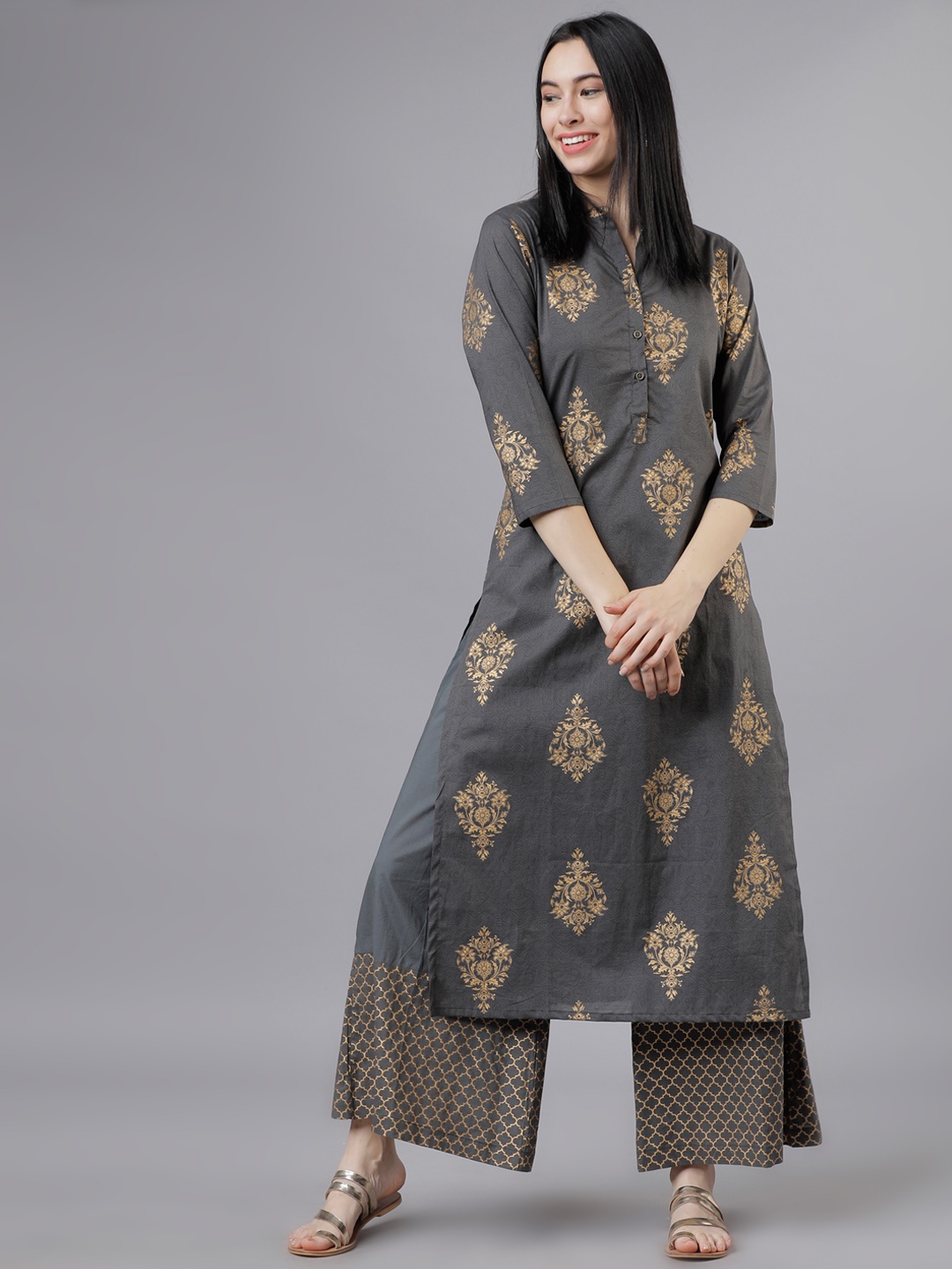 

Vishudh Women Grey & Gold-Toned Printed Kurta with Palazzos