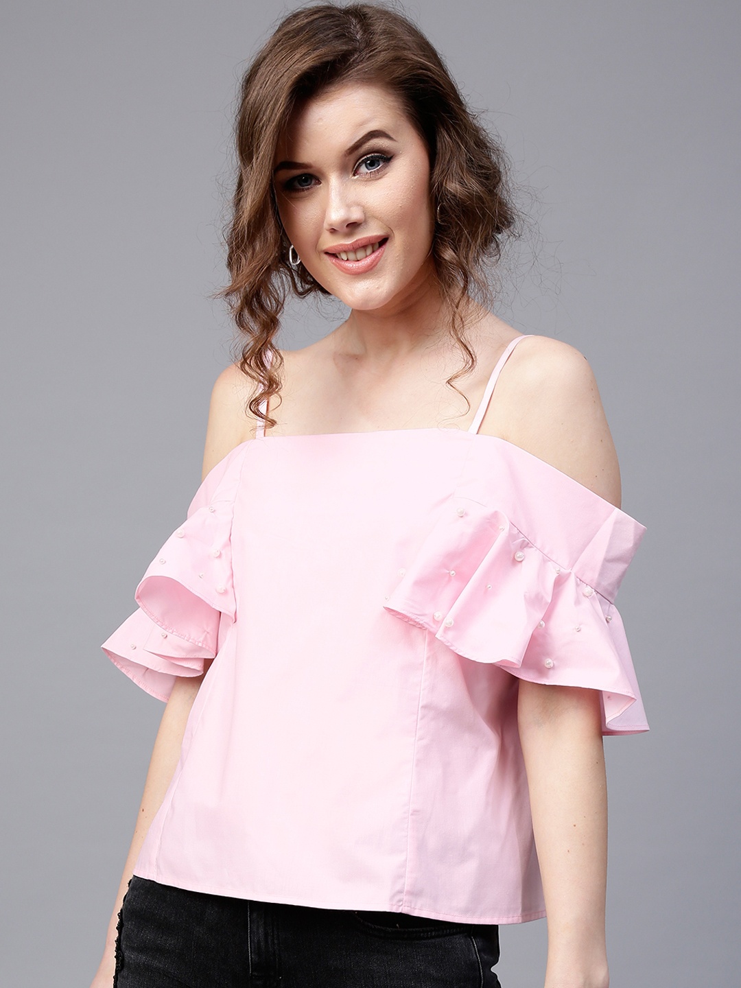 SASSAFRAS Women Pink Embellished A-Line Top