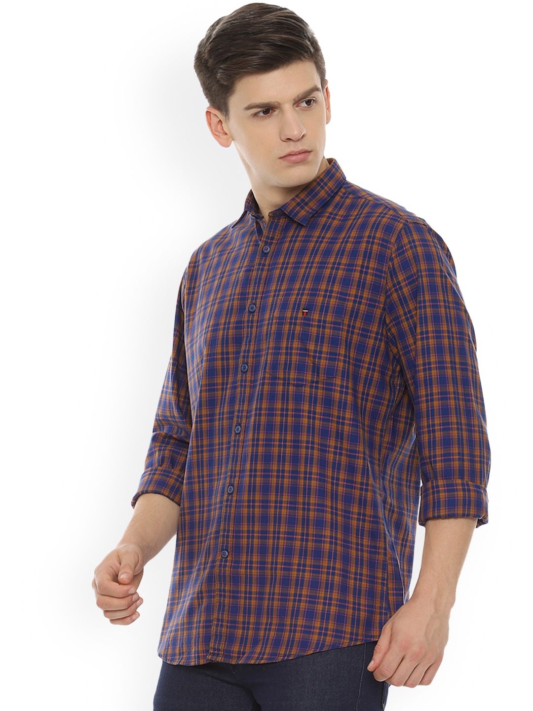 

Louis Philippe Men Blue & Mustard Yellow Slim Fit Checked Casual Shirt