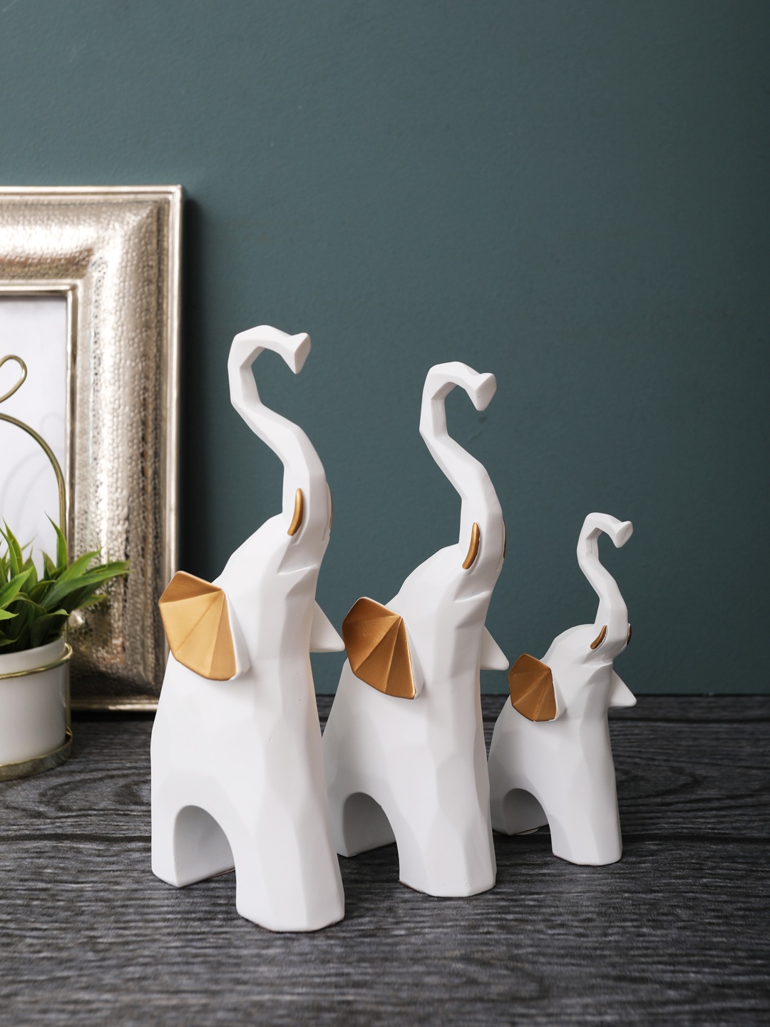

OddCroft Set of 3 White Poyresin Happy Mammoth Family Figurines