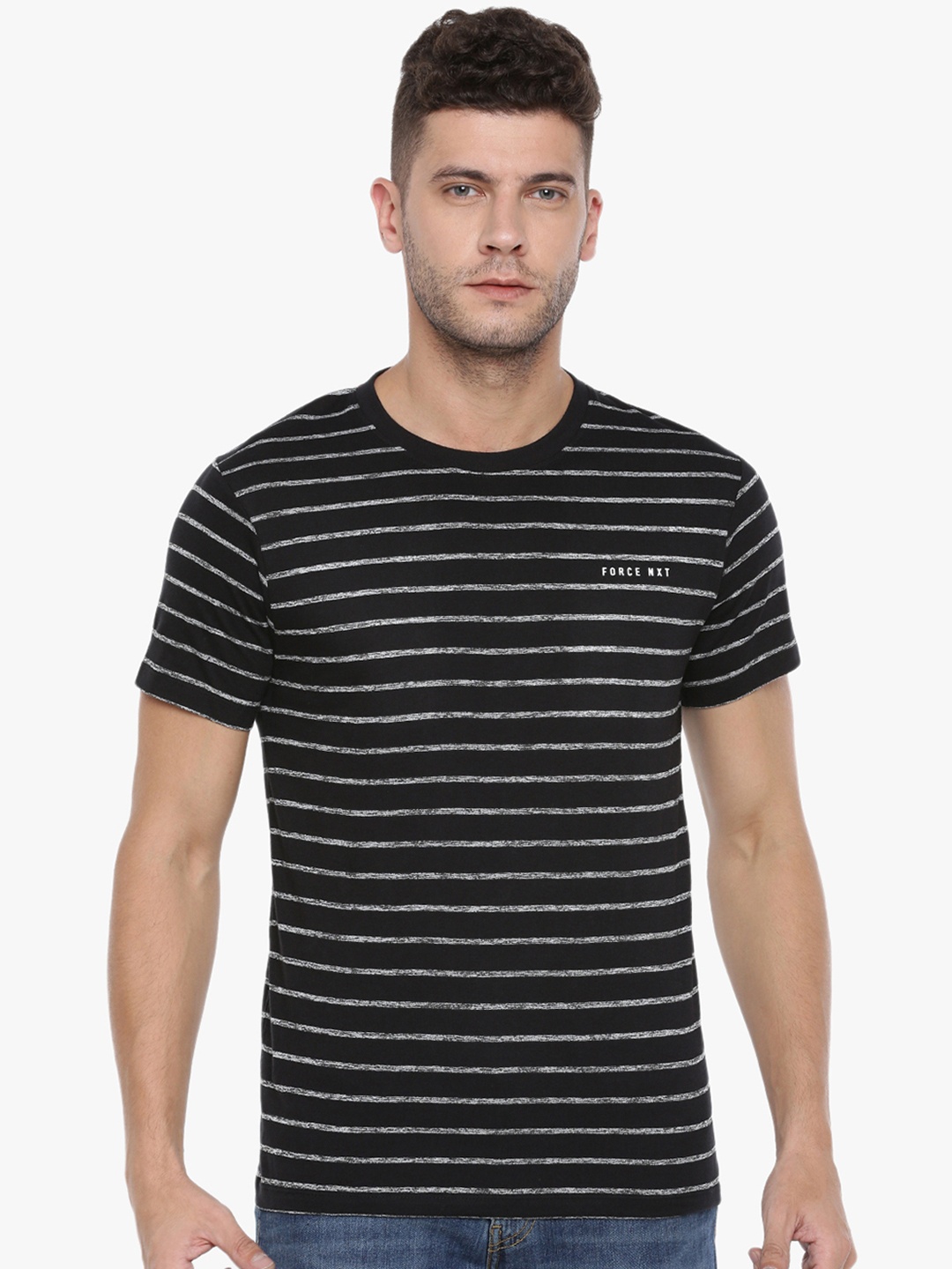 Force NXT Men Black Striped Round Neck T-shirt