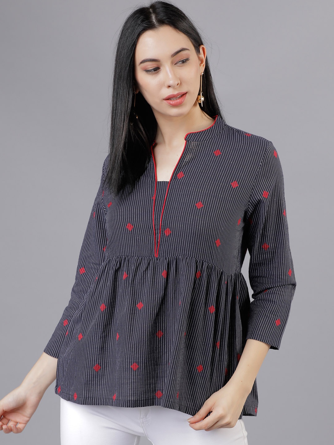 

Vishudh Women Navy Blue Striped Empire Top