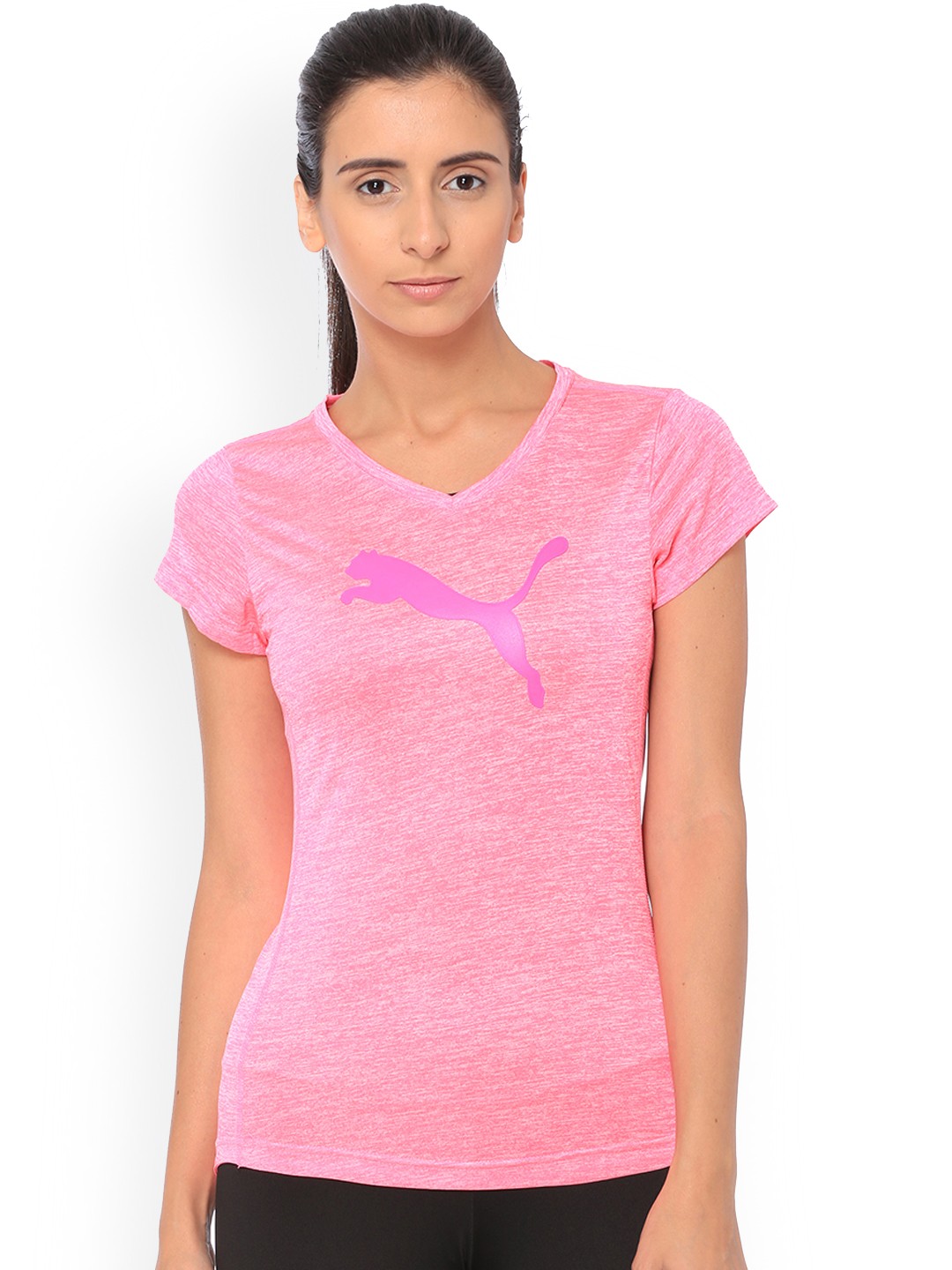 

Puma Women Pink Printed V-Neck Heather Cat Tee KNOCKOUT T-shirt