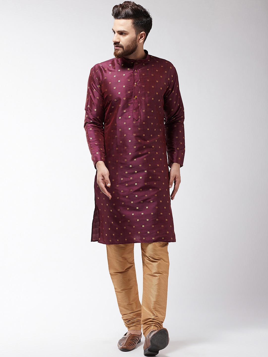 

SOJANYA Men Burgundy & Gold-Coloured Self Design Kurta with Churidar