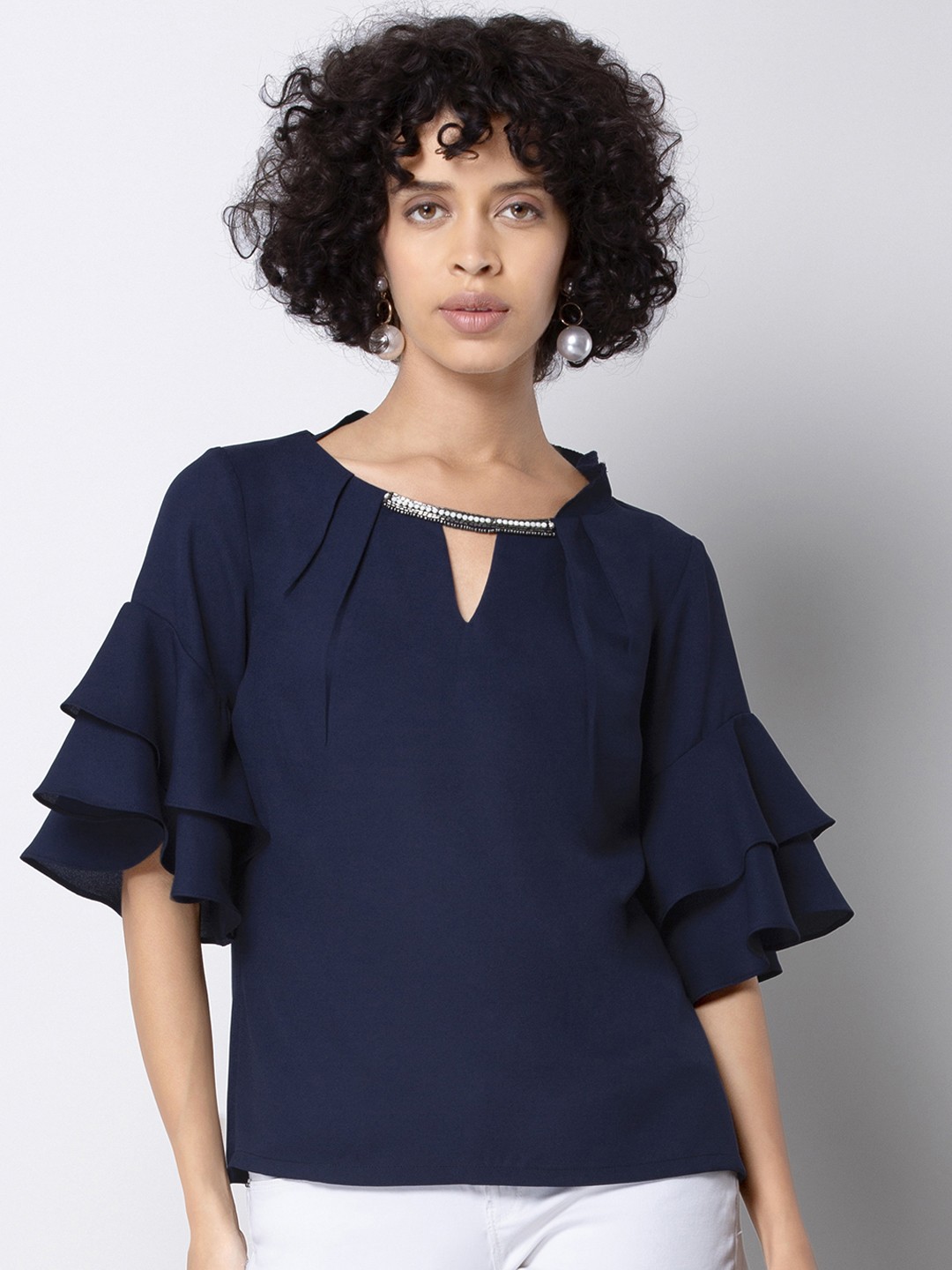 

FabAlley Women Navy Blue Solid A-Line Top