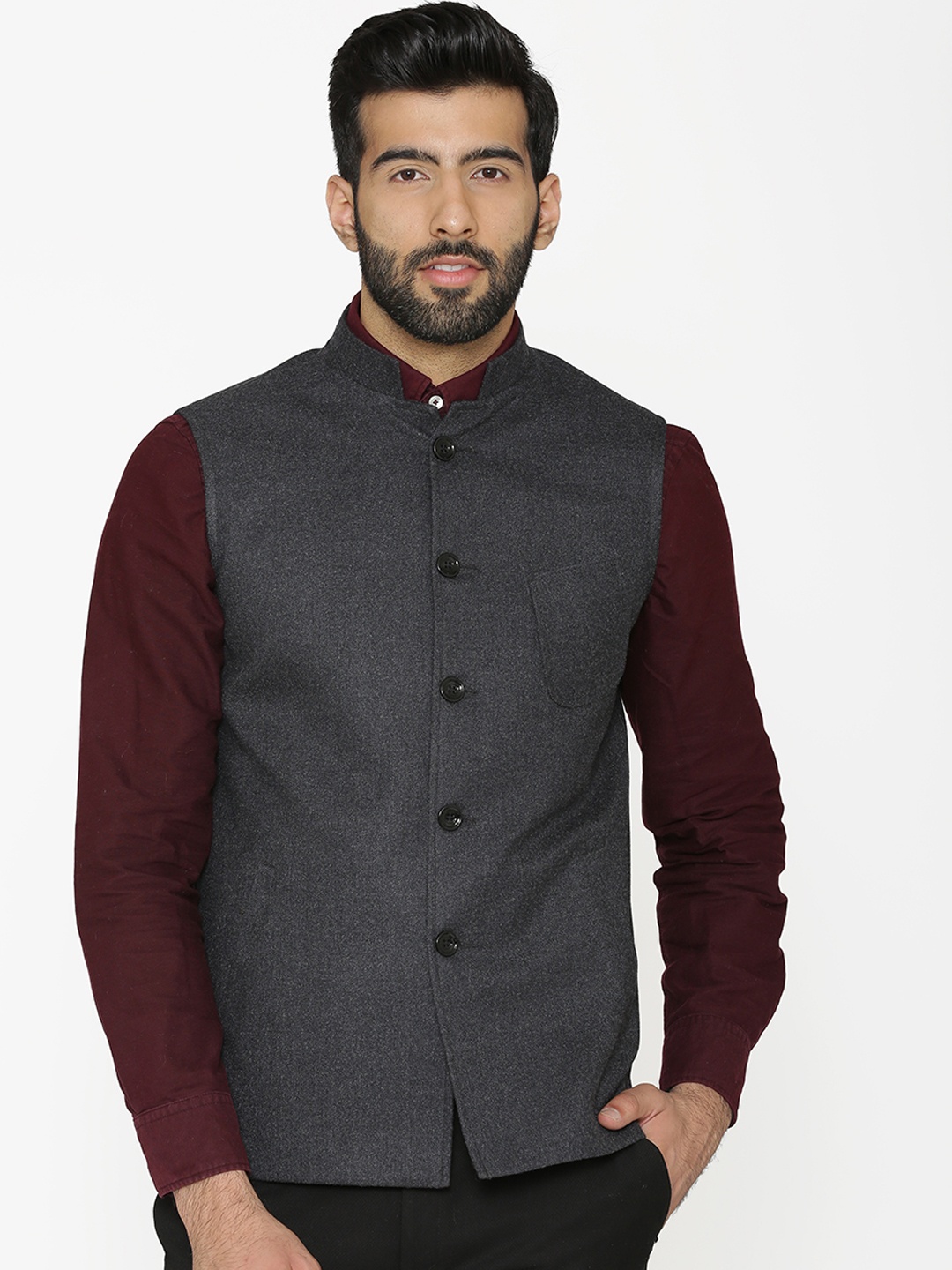 

Wintage Men Black Solid Woven Nehru Jacket