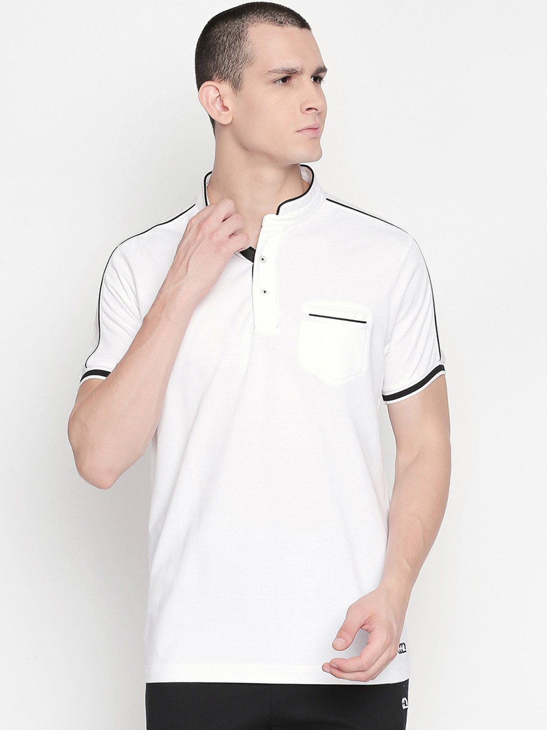 

Ajile by Pantaloons Men White Solid Mandarin Collar Pure Cotton T-shirt