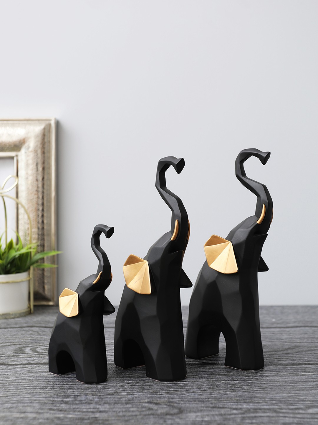 

OddCroft Set of 3 Black Poyresin Happy Mammoth Family Figurines