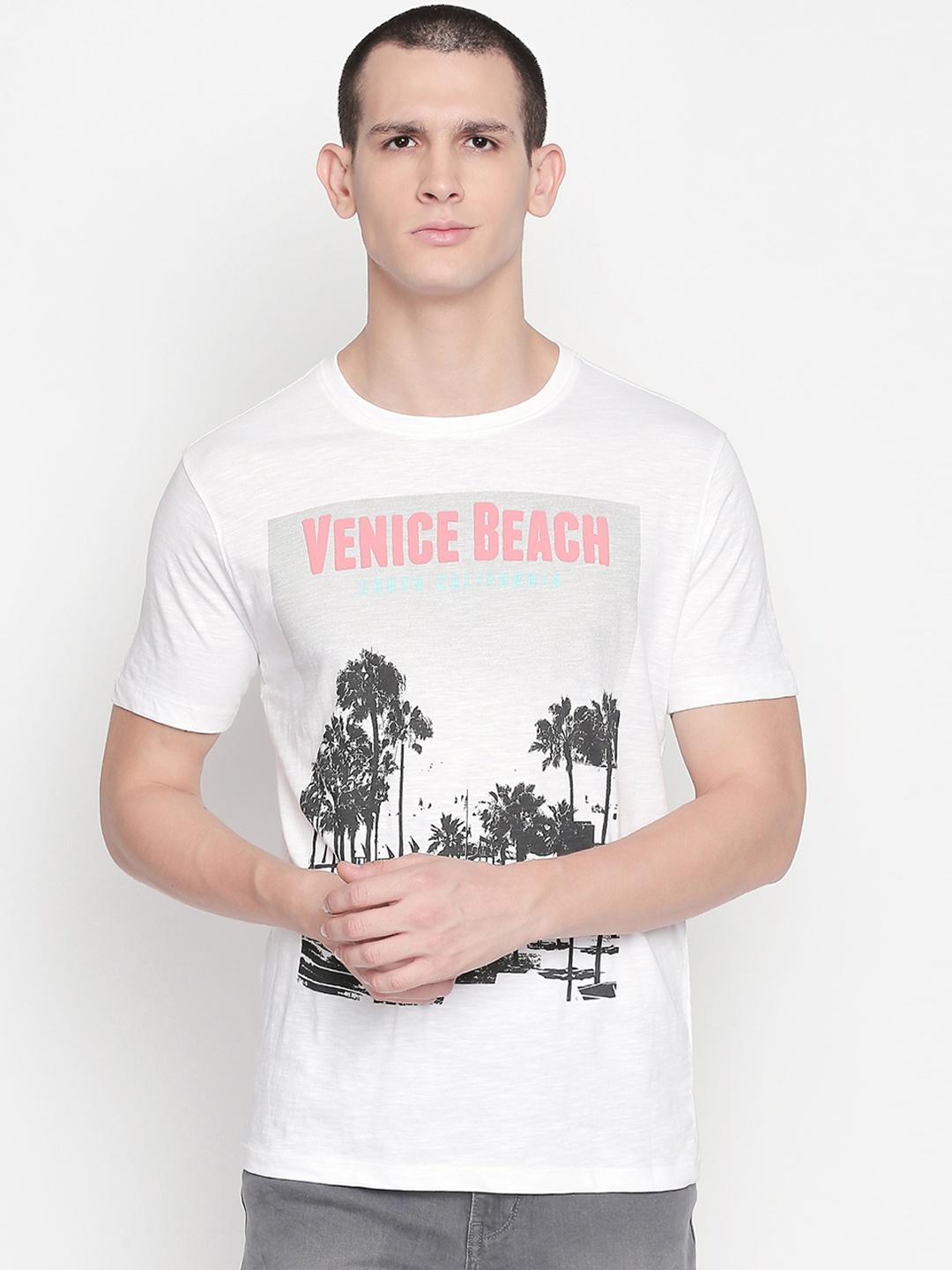 

Urban Ranger by pantaloons Men White Printed Round Neck Pure Cotton T-shirt