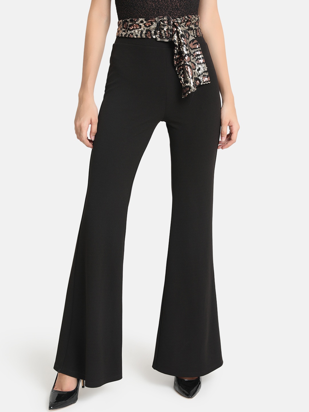 

Kazo Women Black Regular Fit Solid Bootcut Trousers with Sequinned Belt