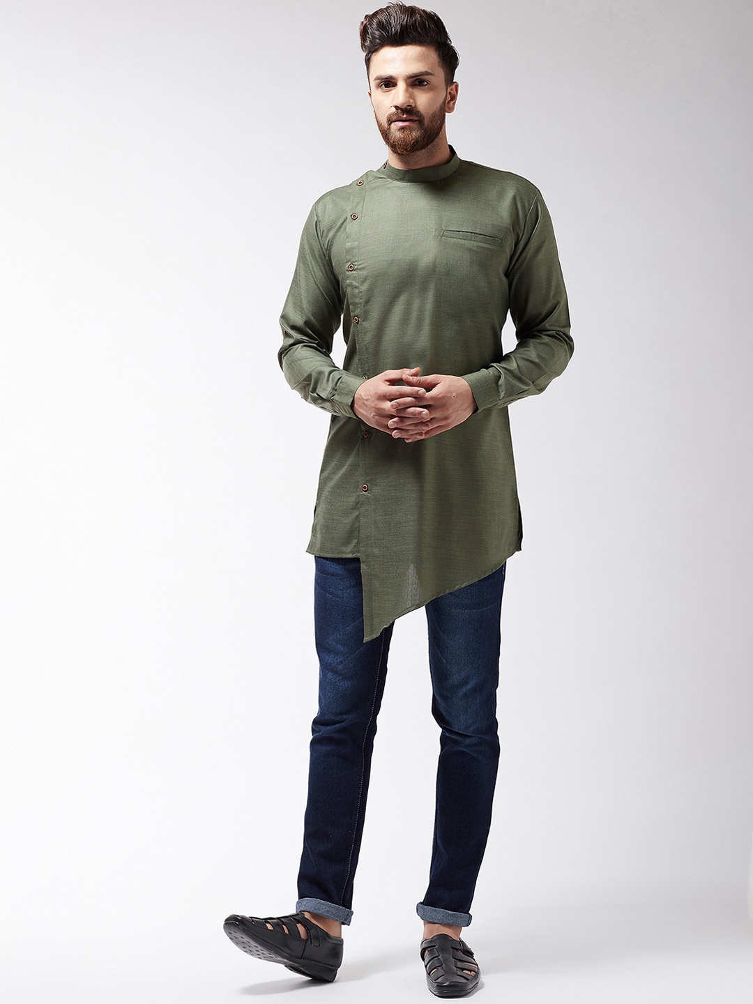 

SOJANYA Men Olive Green Solid Asymmetric Kurta