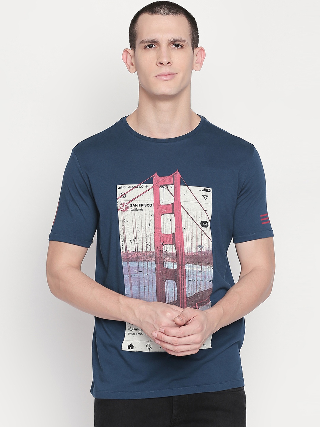 

SF JEANS by Pantaloons Men Navy Blue Printed Round Neck Pure Cotton T-shirt