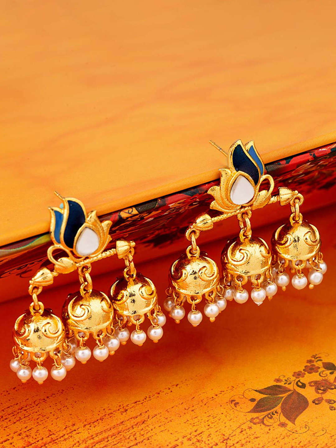 

Voylla Gold-Toned & White Geometric Jhumkas
