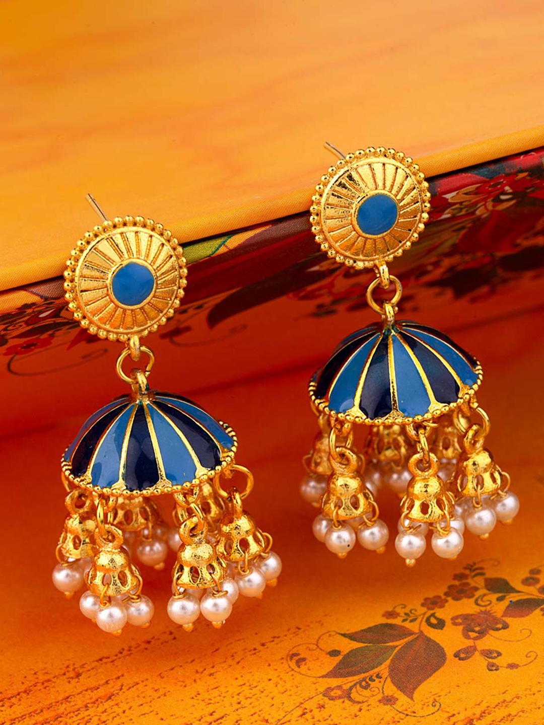 

Voylla Gold-Toned & Blue Teardrop Shaped Jhumkas