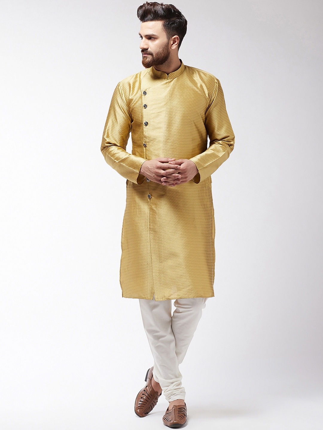 

SOJANYA Men Gold-Toned & Off-White Self Design Kurta with Churidar