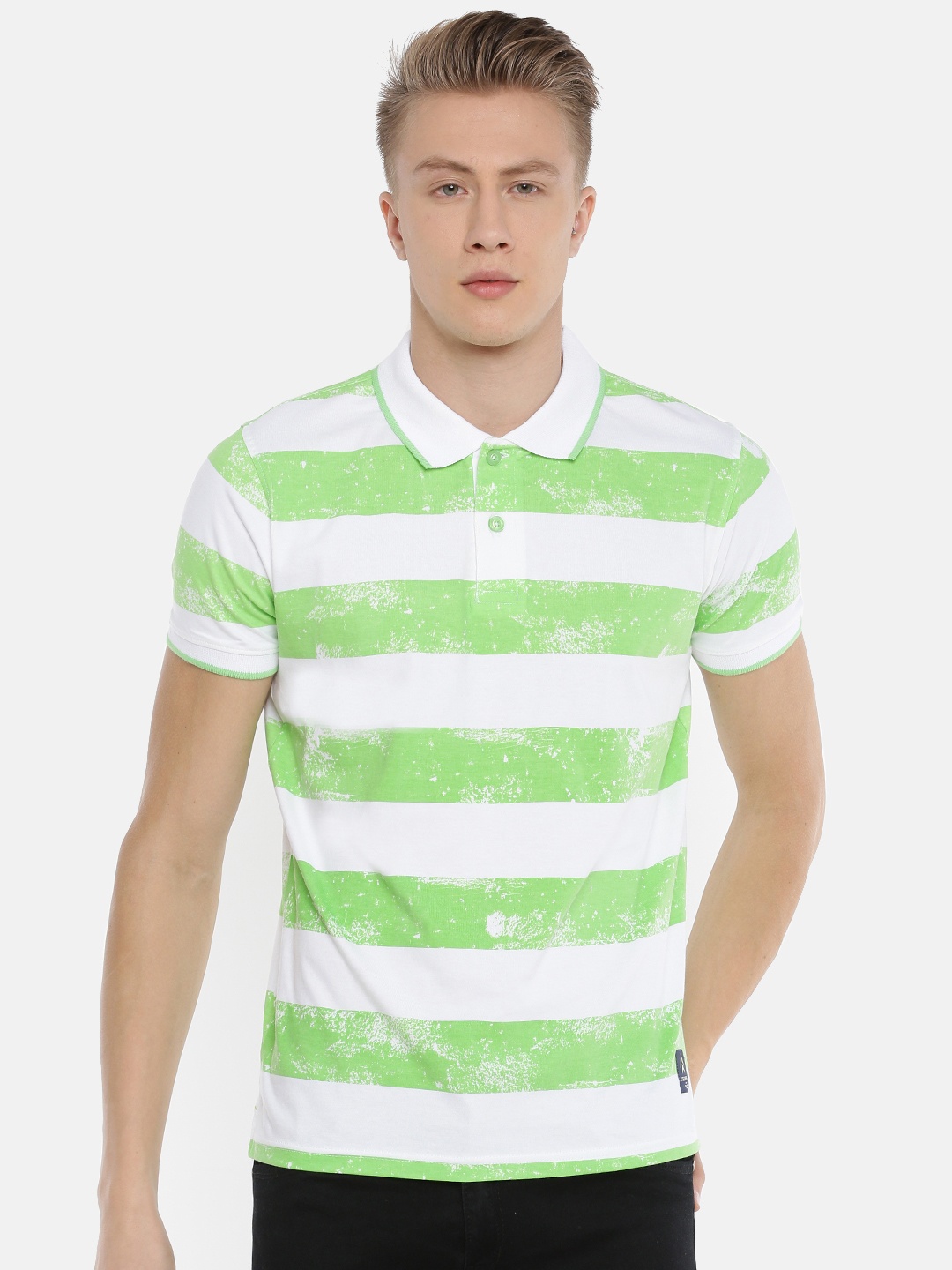 

Steenbok Men Green & White Striped Polo Collar T-shirt