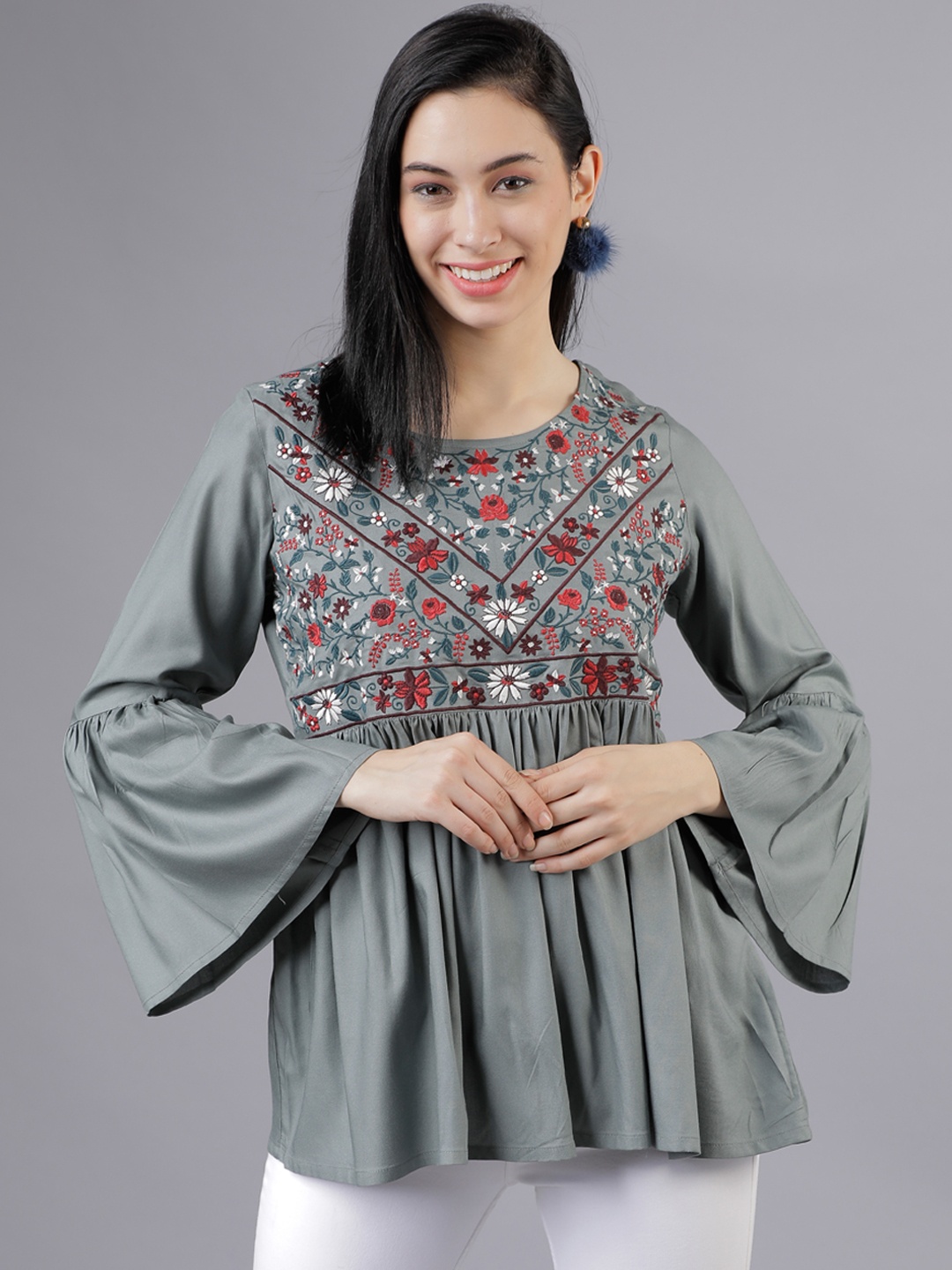

Tokyo Talkies Women Green Floral Embroidered Empire Top
